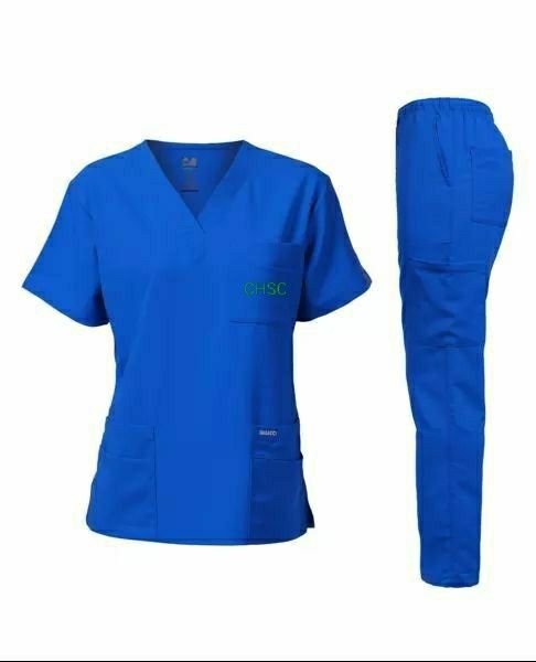 Light-blue scrub top and trousers
