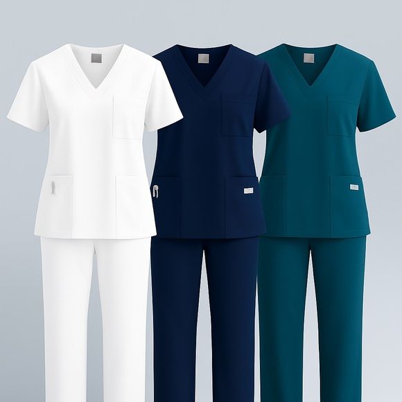 White, navy and teal scrub tops side by side